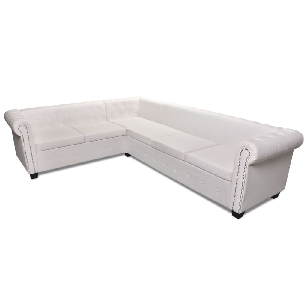 6-Sitsig Chesterfield Hörnsoffa Konstläder Vit