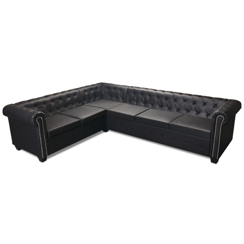 Chesterfield Hörnsoffa 6-Sits Konstläder Svart