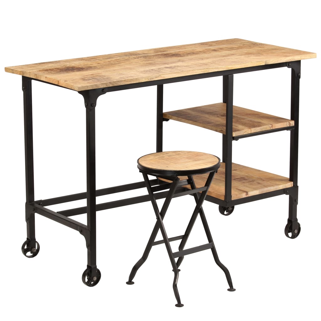 Skrivbord Med Hopfällbar Pall Massivt Mangoträ 115X50X76 Cm