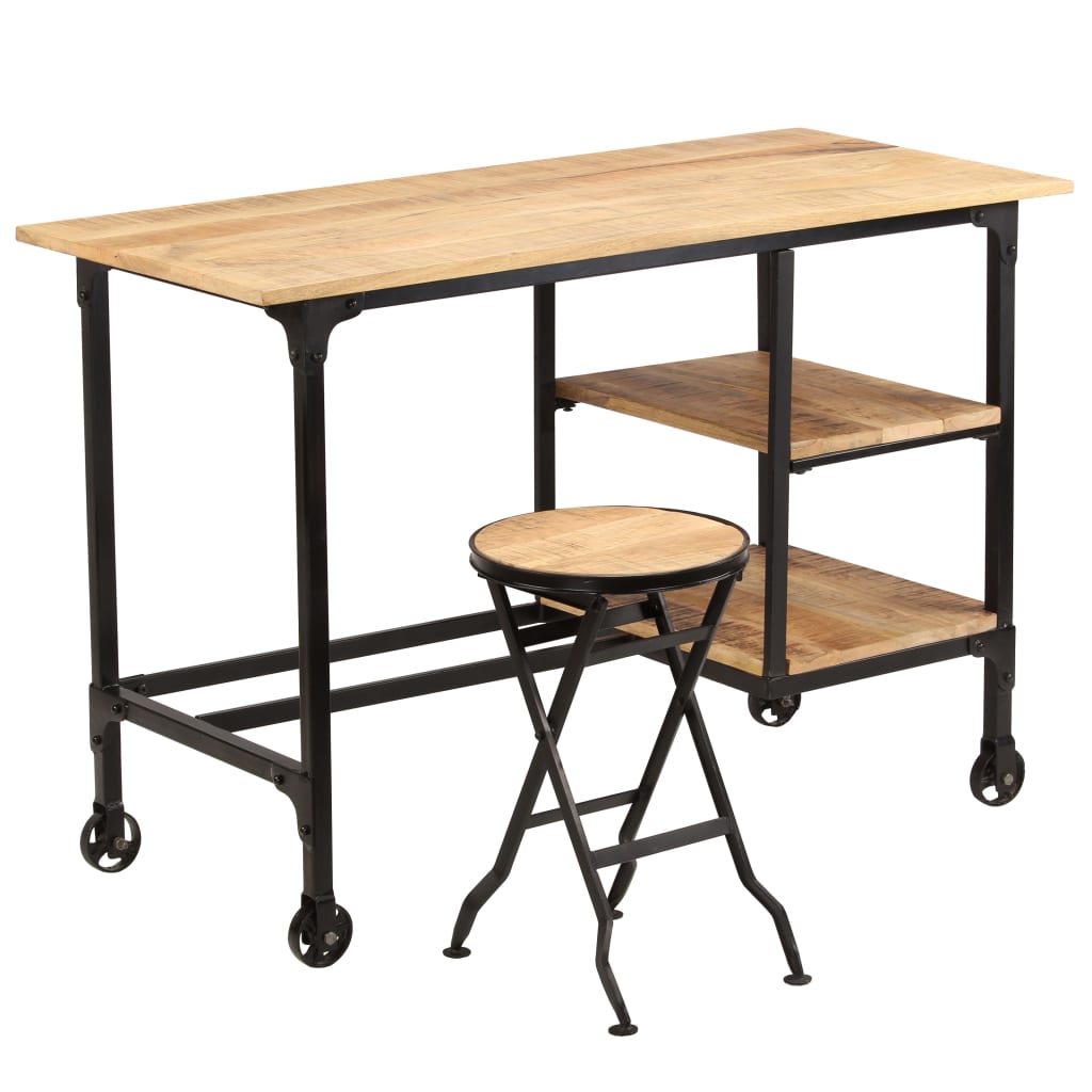Skrivbord Med Hopfällbar Pall Massivt Mangoträ 115X50X76 Cm