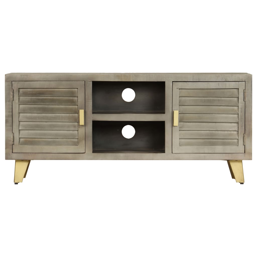 Tv-Bänk Massivt Mangoträ Grå Med Mässing 110X30X48 Cm