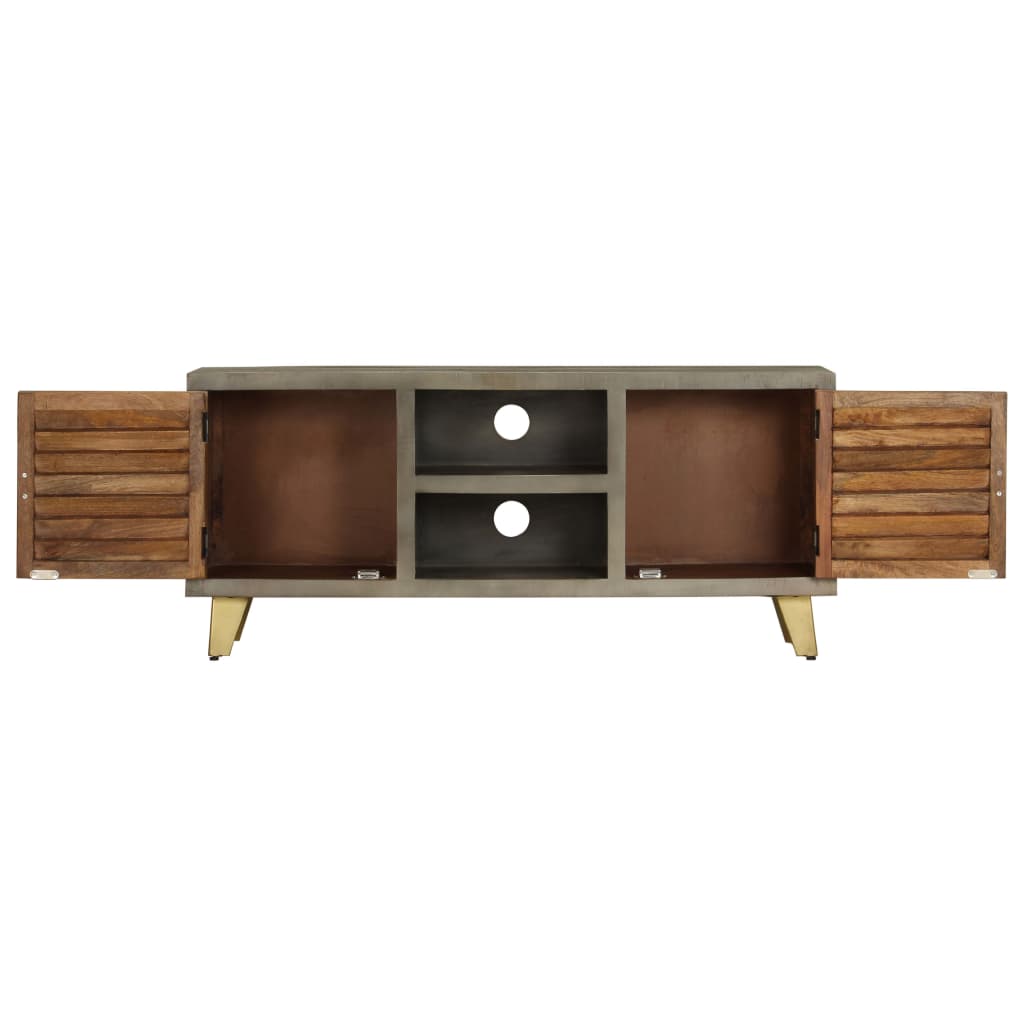 Tv-Bänk Massivt Mangoträ Grå Med Mässing 110X30X48 Cm