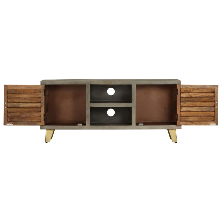 Tv-Bänk Massivt Mangoträ Grå Med Mässing 110X30X48 Cm