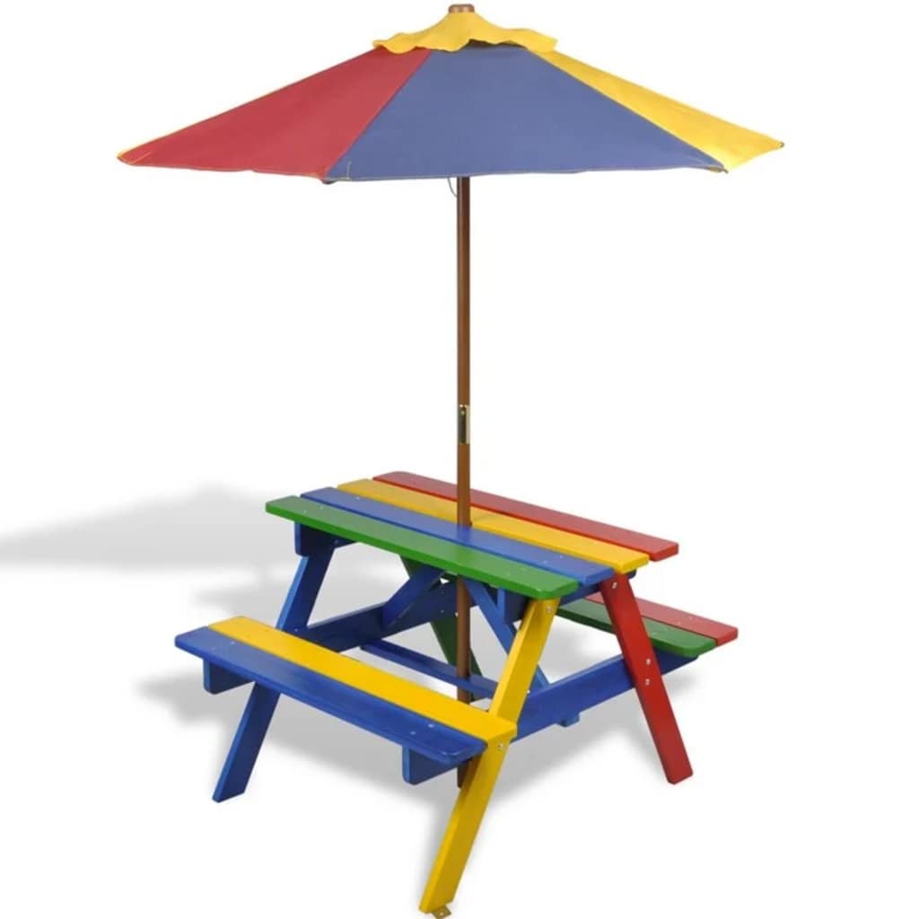 Picknickbord Med Bänkar Och Parasoll För Barn Flerfärgad Trä