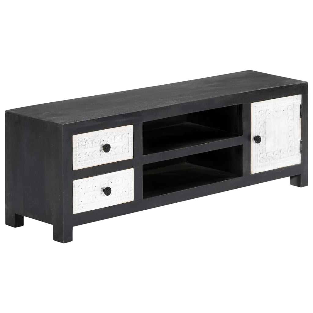Tv-Bänk Handsnidad Grå&Vit 120X30X40 Cm Massivt Mangoträ