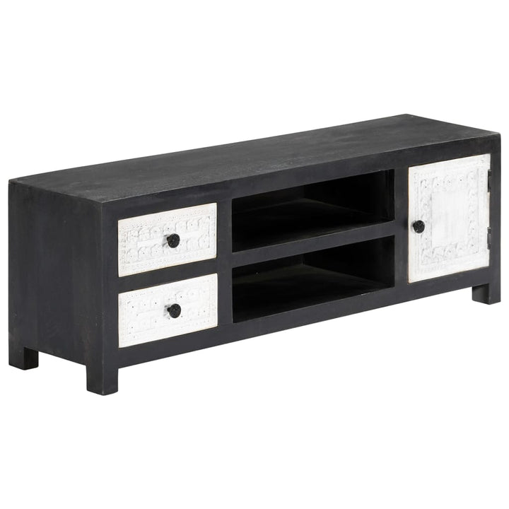 Tv-Bänk Handsnidad Grå&amp;Vit 120X30X40 Cm Massivt Mangoträ