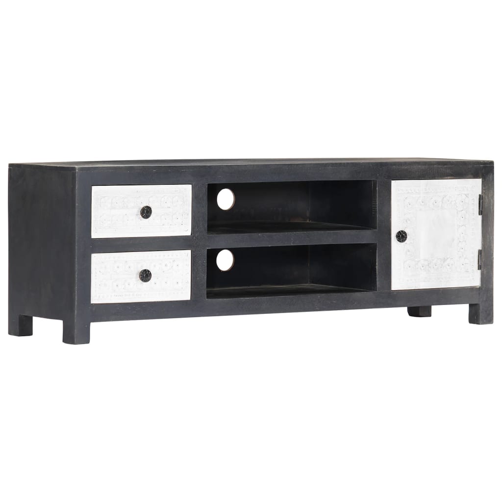 Tv-Bänk Handsnidad Grå&amp;Vit 120X30X40 Cm Massivt Mangoträ