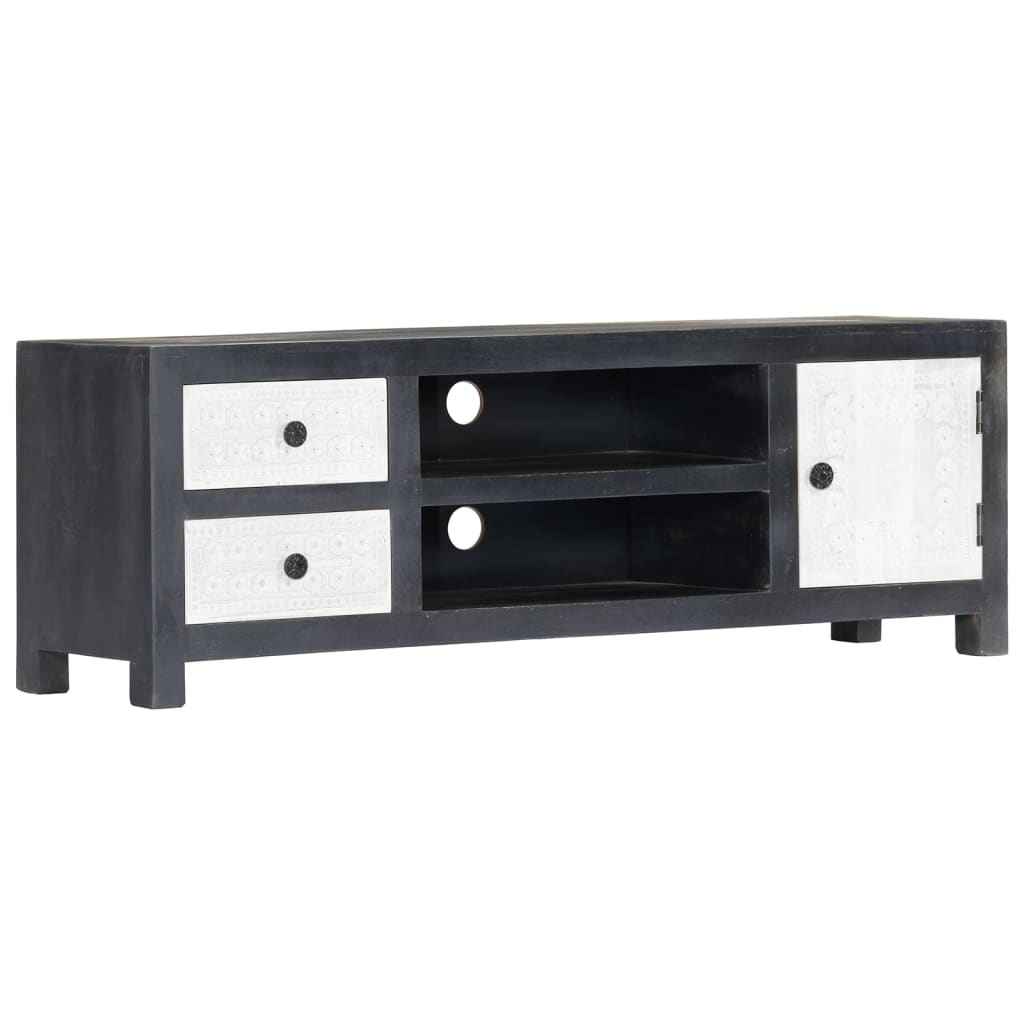 Tv-Bänk Handsnidad Grå&amp;Vit 120X30X40 Cm Massivt Mangoträ
