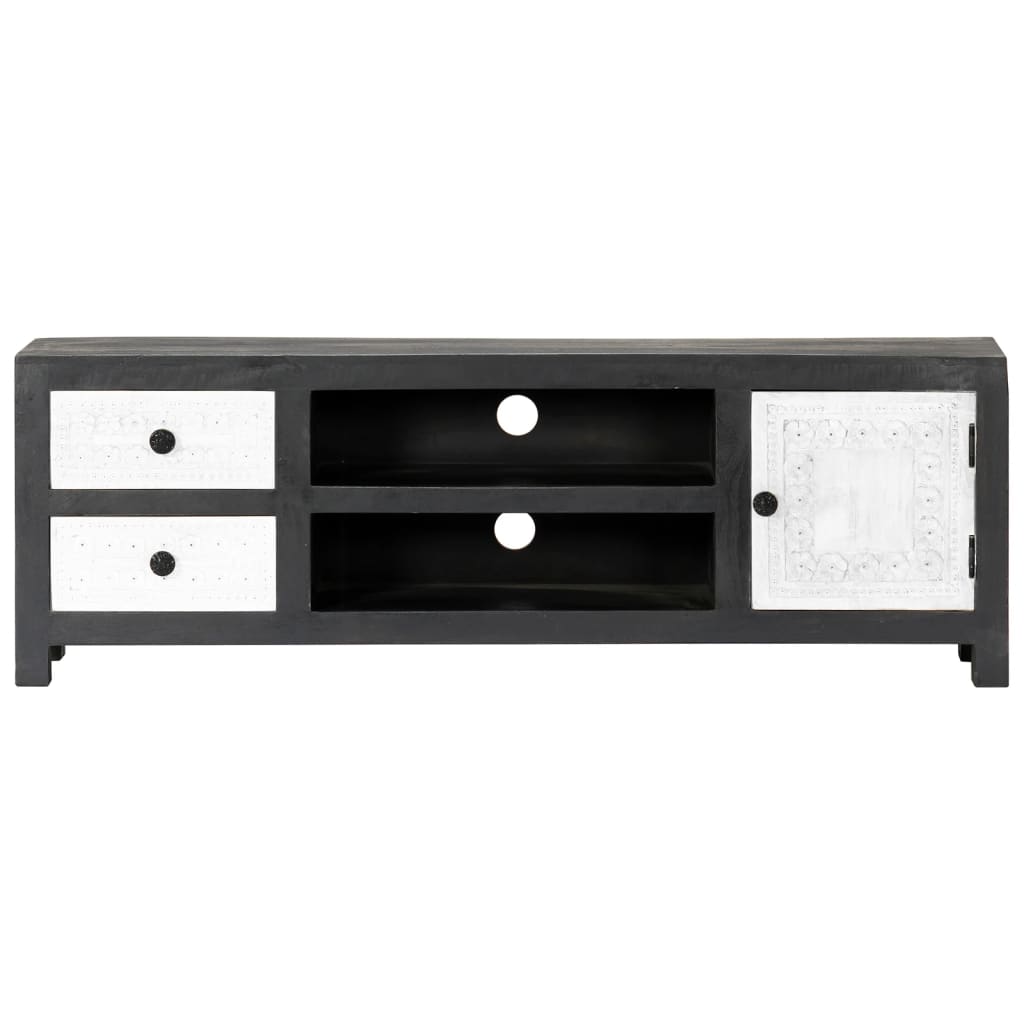 Tv-Bänk Handsnidad Grå&amp;Vit 120X30X40 Cm Massivt Mangoträ