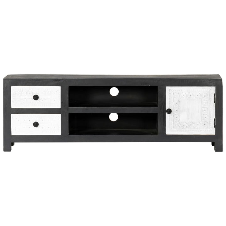 Tv-Bänk Handsnidad Grå&amp;Vit 120X30X40 Cm Massivt Mangoträ