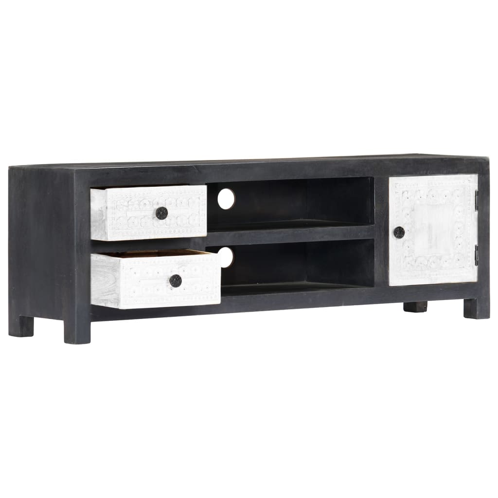 Tv-Bänk Handsnidad Grå&amp;Vit 120X30X40 Cm Massivt Mangoträ
