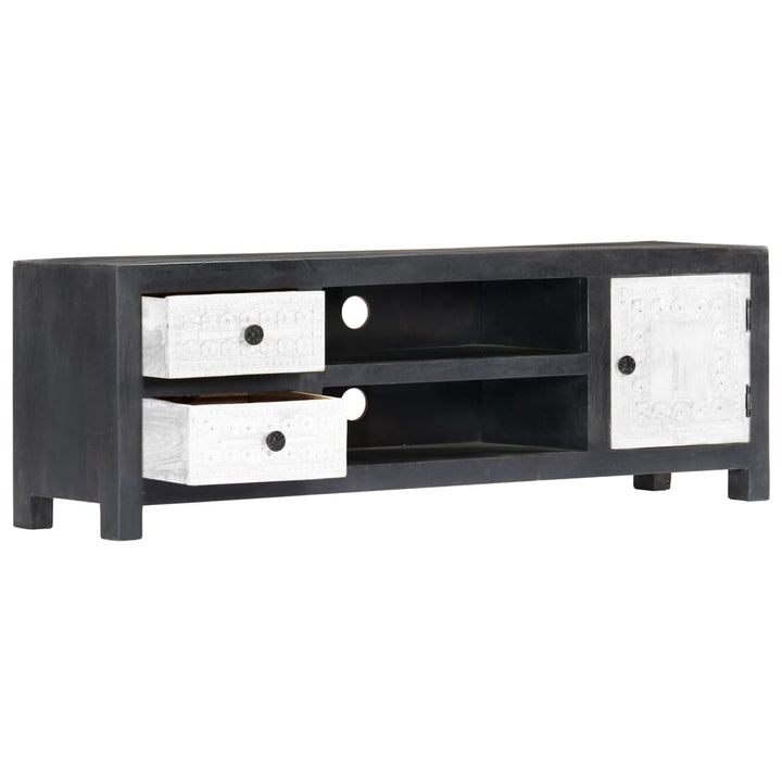 Tv-Bänk Handsnidad Grå&amp;Vit 120X30X40 Cm Massivt Mangoträ