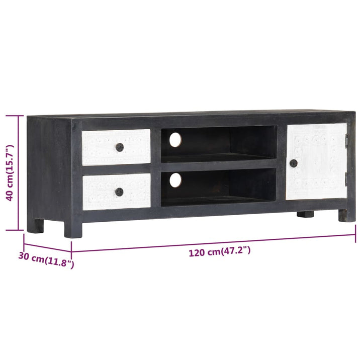 Tv-Bänk Handsnidad Grå&amp;Vit 120X30X40 Cm Massivt Mangoträ