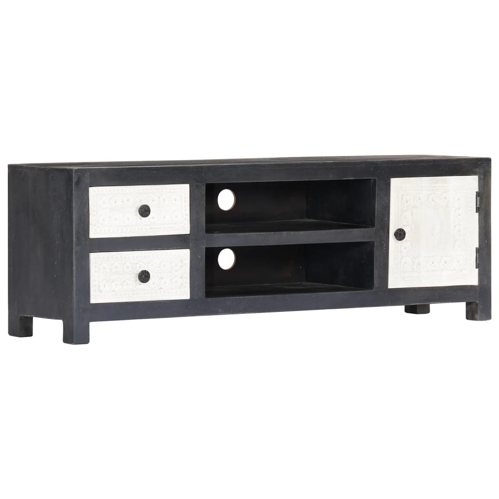 Tv-Bänk Handsnidad Grå&amp;Vit 120X30X40 Cm Massivt Mangoträ