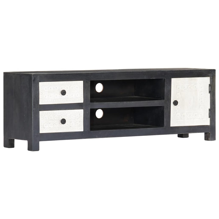 Tv-Bänk Handsnidad Grå&amp;Vit 120X30X40 Cm Massivt Mangoträ