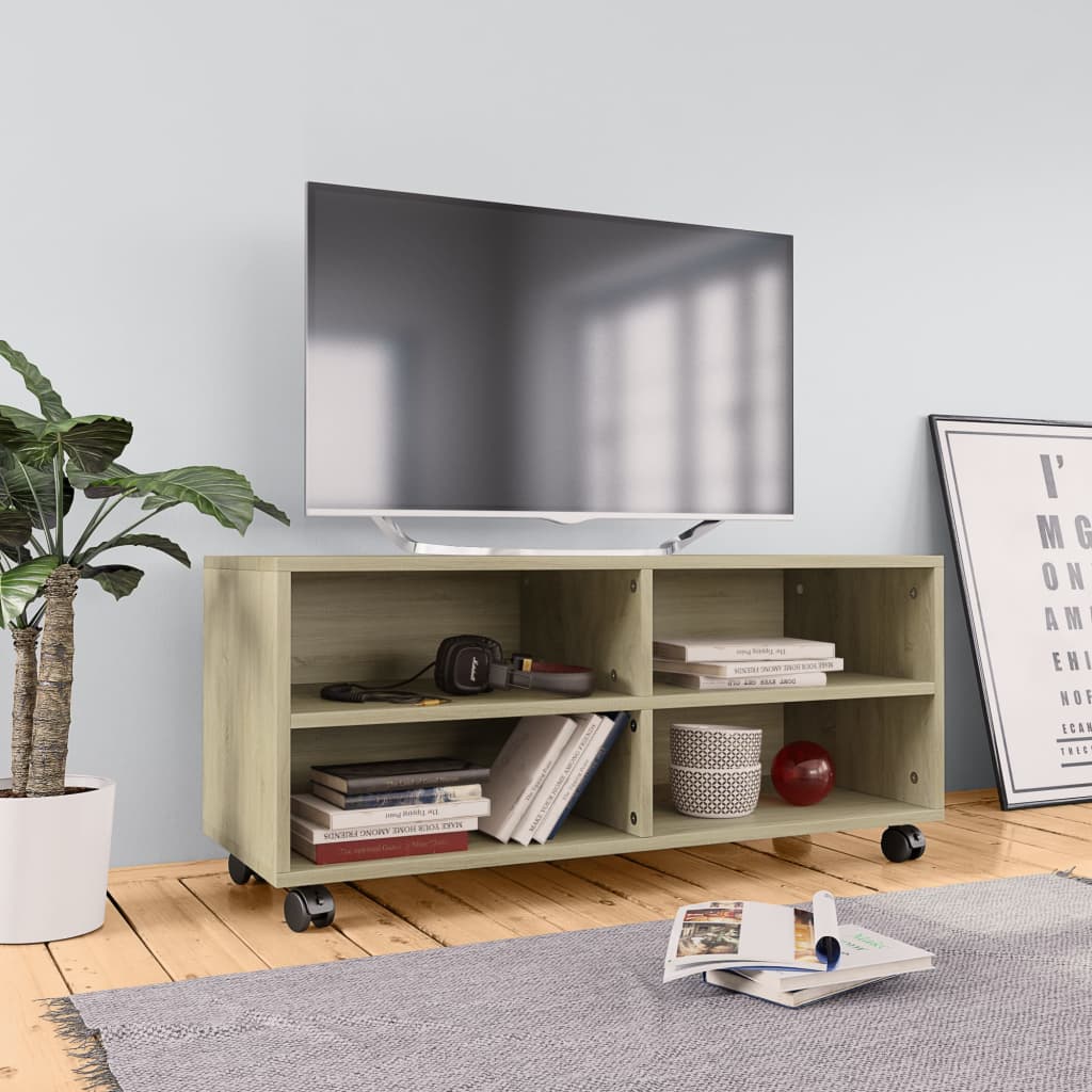 Tv-Bänk Med Hjul 90X35X35 Cm Konstruerat Trä