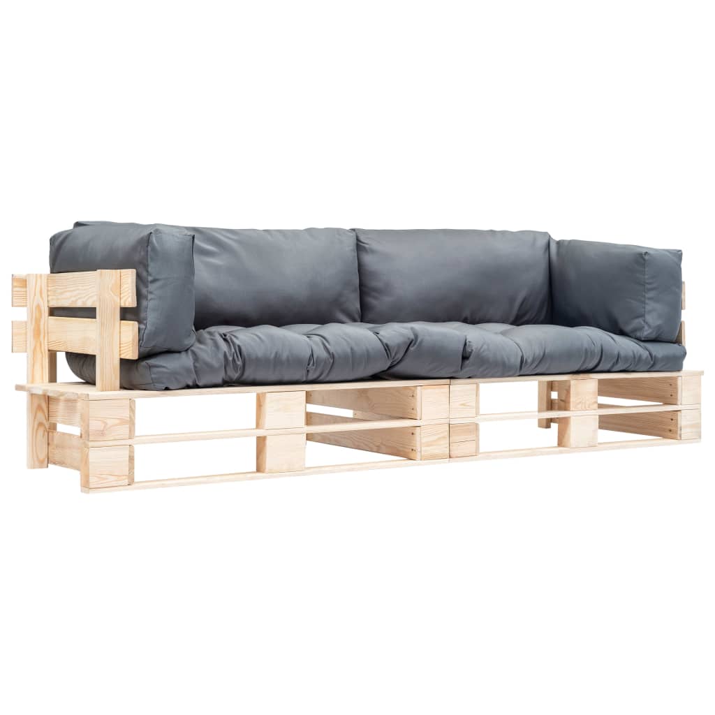 Pallsoffa 2 Delar Med Grå Dynor Furu