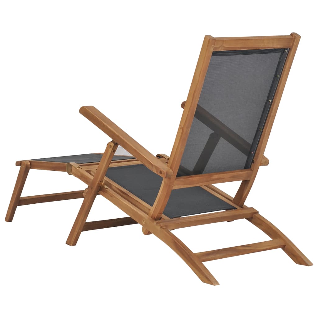 Däckstol Med Fotstöd Massiv Teak Svart