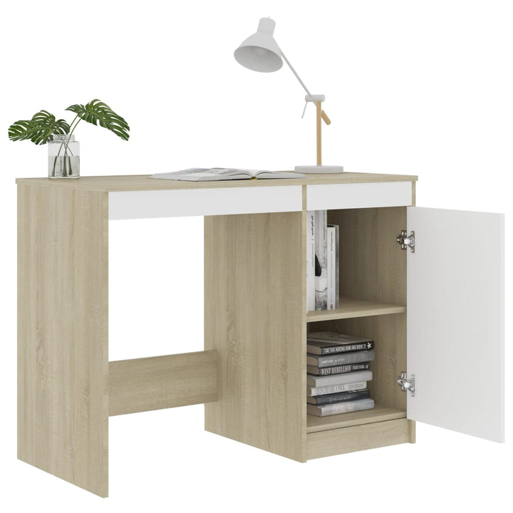 Skrivbord Vit Och Sonoma-Ek 100X50X76 Cm Konstruerat Trä