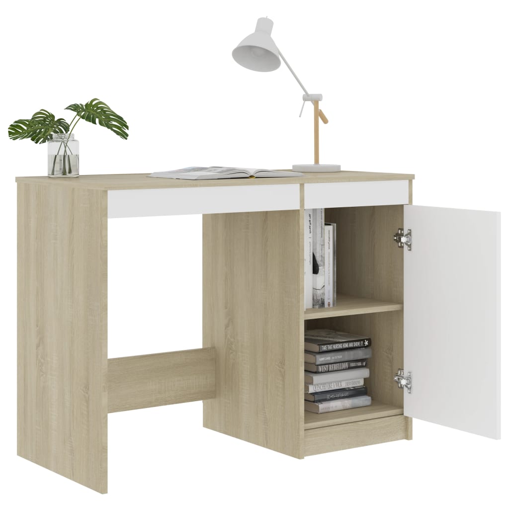 Skrivbord Vit Och Sonoma-Ek 100X50X76 Cm Konstruerat Trä