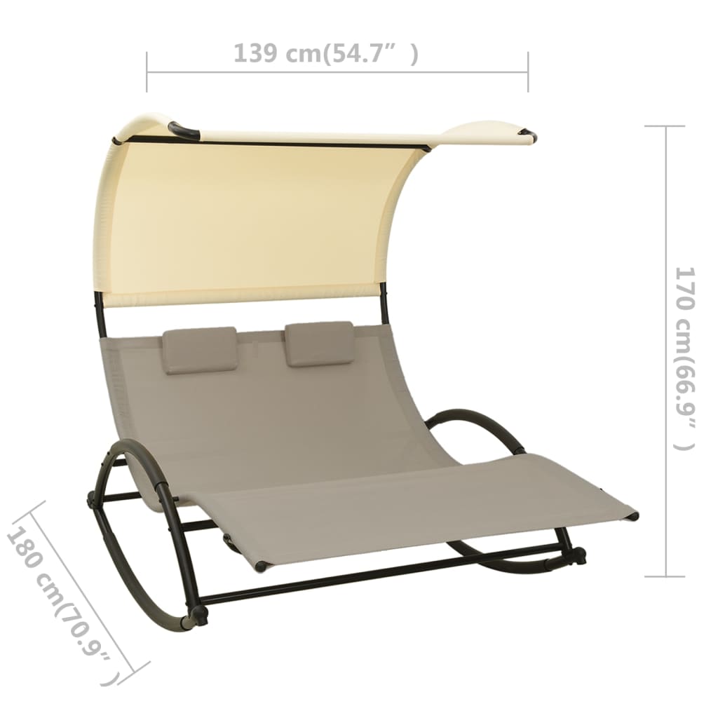 Dubbel Solsäng Med Tak Textilen Taupe Och Gräddvit