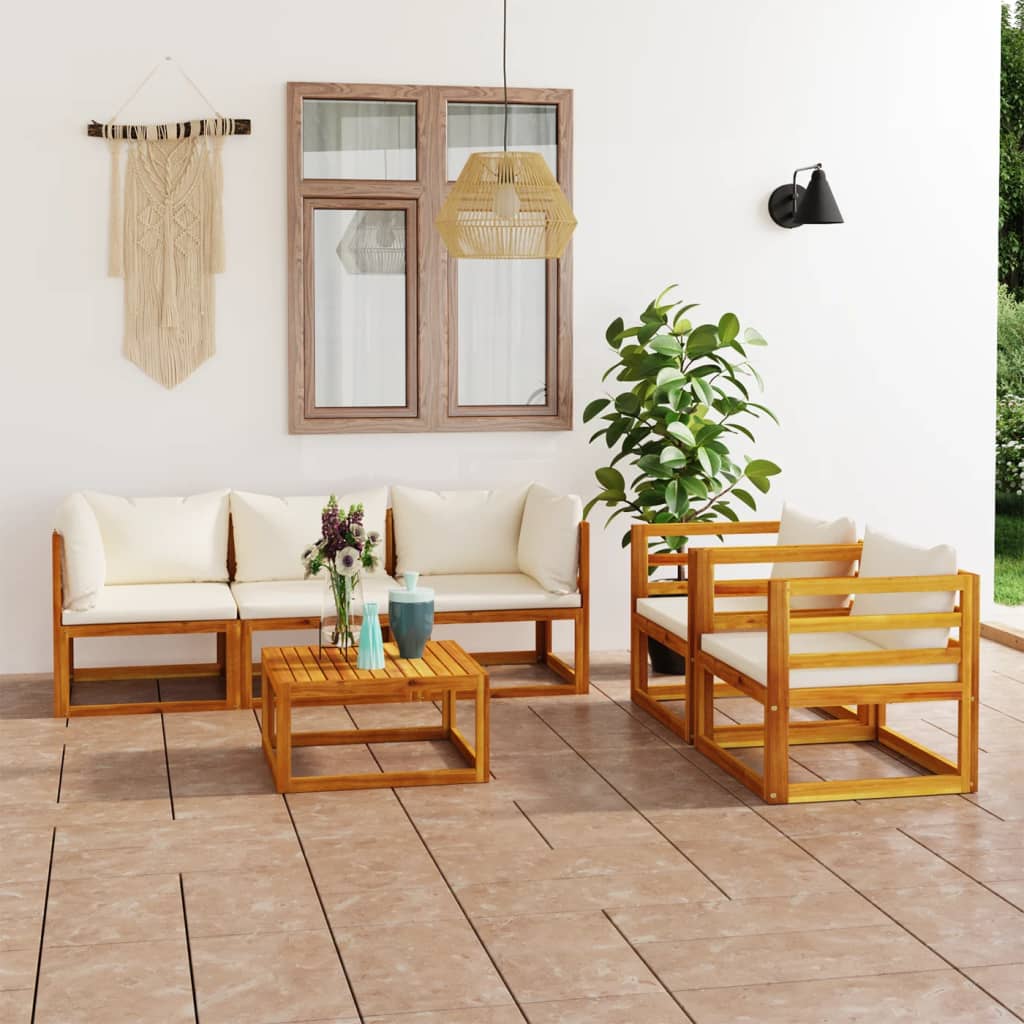 Loungegrupp För Trädgården Med Dynor Gräddvit 6 Delar Akaciaträ
