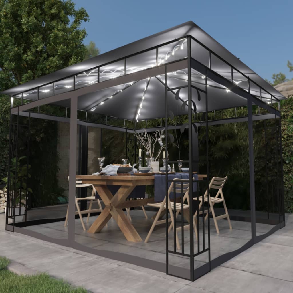 Paviljong Med Myggnät Och Ljusslinga Led 4X3X2,73 M Gräddvit