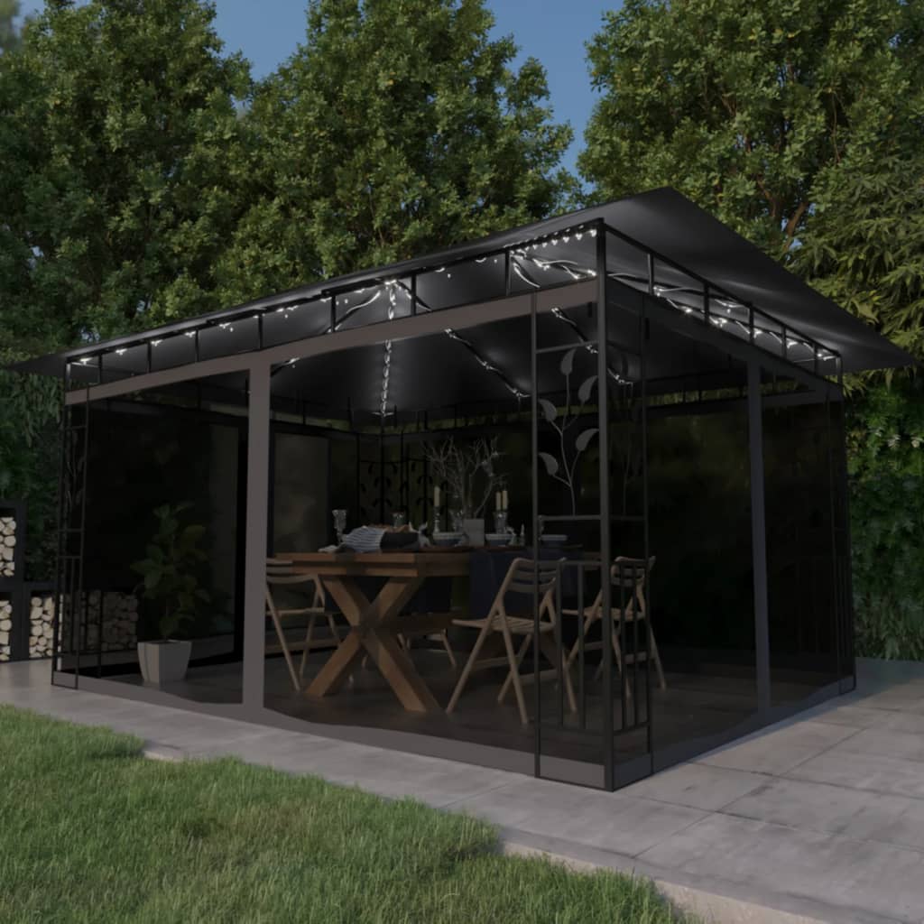 Paviljong Med Myggnät Och Ljusslinga Led 4X3X2,73 M Gräddvit