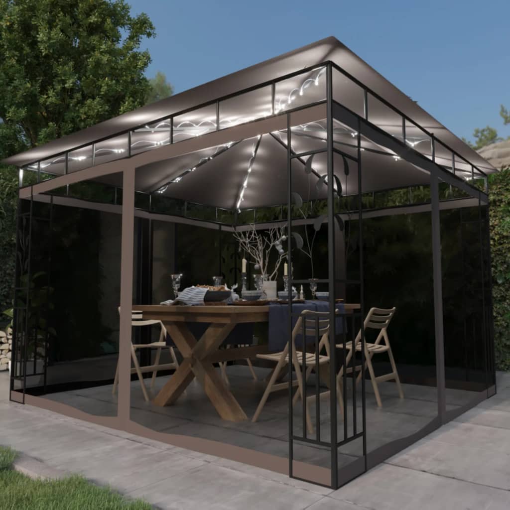 Paviljong Med Myggnät Och Ljusslinga Led 4X3X2,73 M Gräddvit