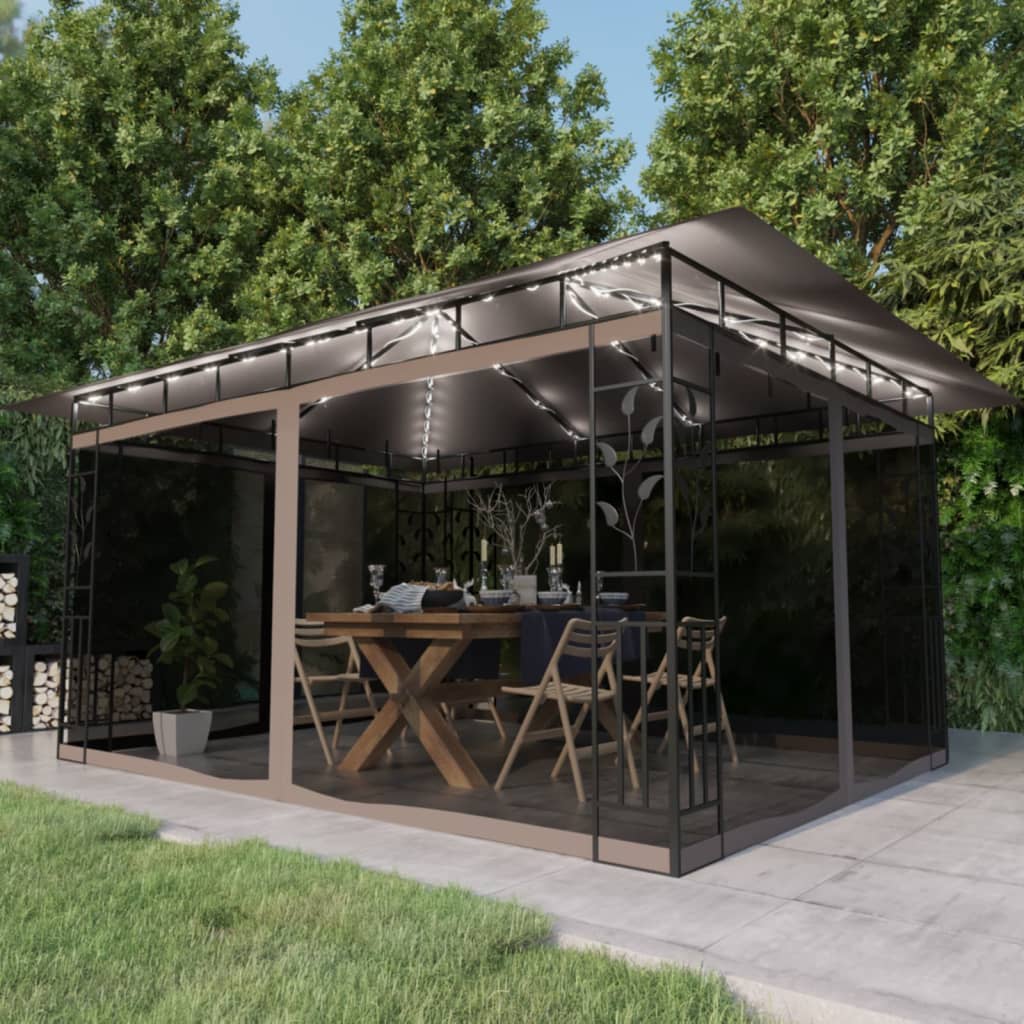 Paviljong Med Myggnät Och Ljusslinga Led 4X3X2,73 M Gräddvit