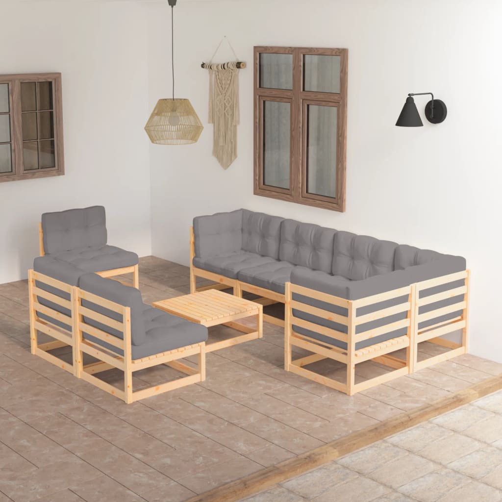 Loungegrupp För Trädgården Med Dynor 9 Delar Massiv Furu