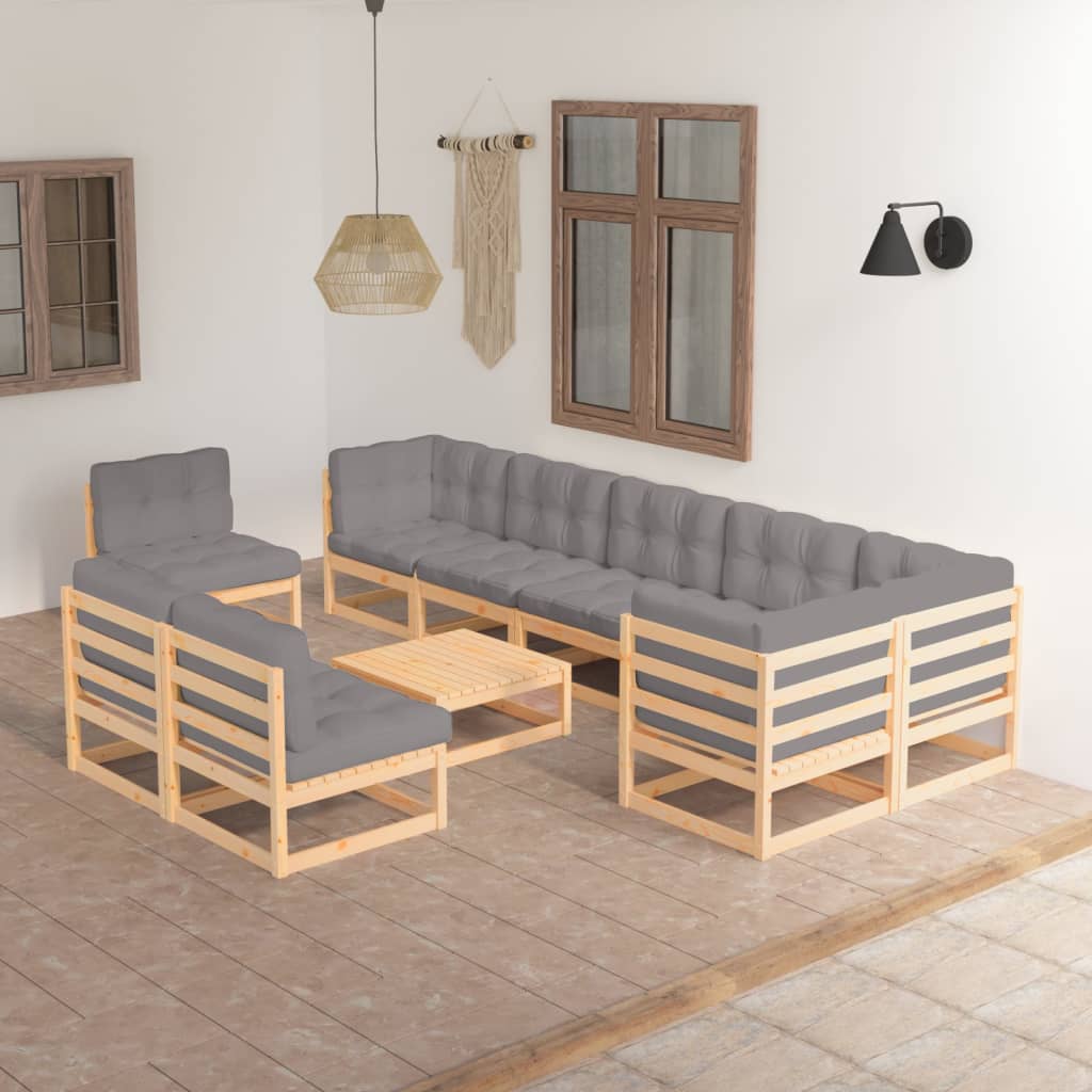 Loungegrupp För Trädgården Med Dynor 10 Delar Massiv Furu