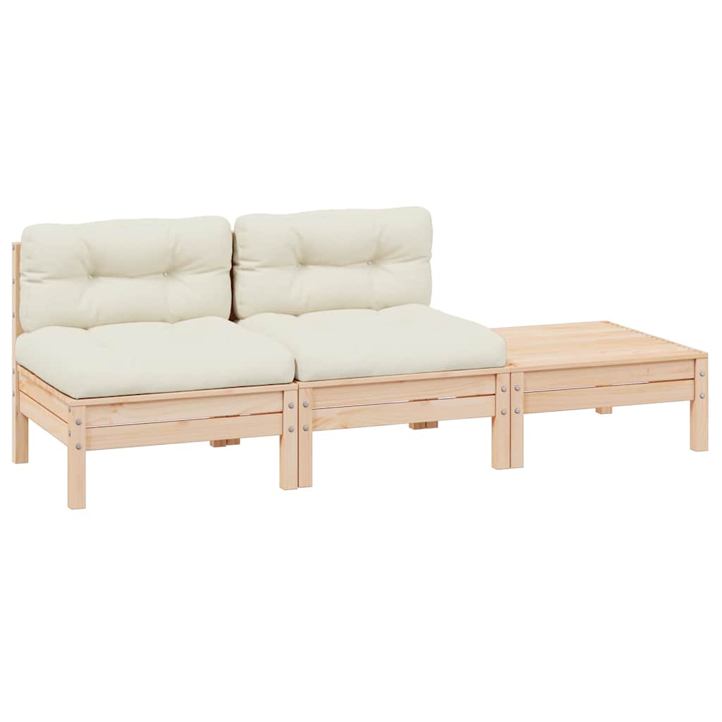 Loungegrupp Med Gräddvita Dynor 3 Delar Massiv Furu