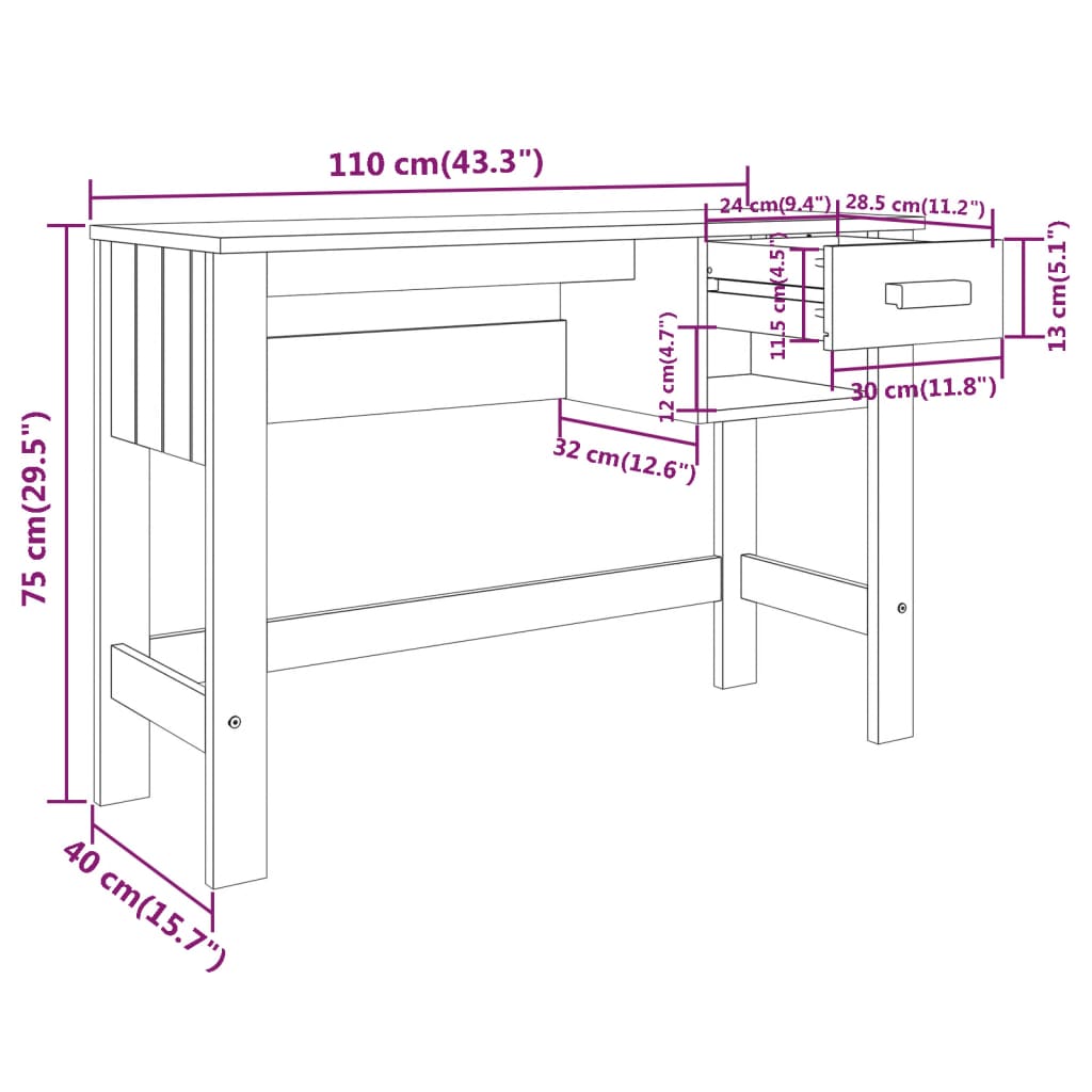 Skrivbord Hamar 110X40X75 Cm Massiv Furu