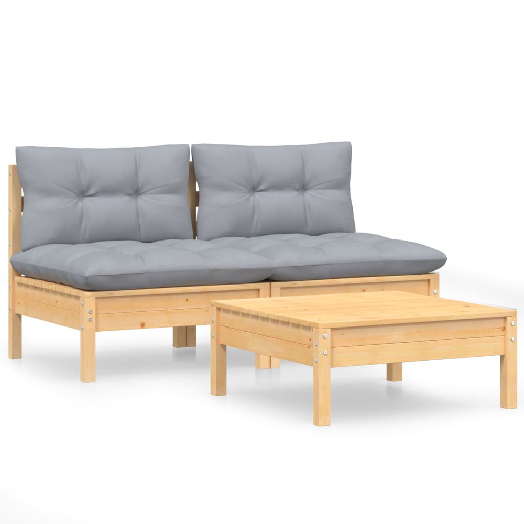 Loungegrupp Med Grå Dynor 3 Delar Massiv Furu