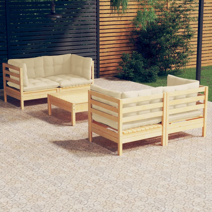 Loungegrupp Med Gräddvita Dynor 5 Delar Massiv Furu