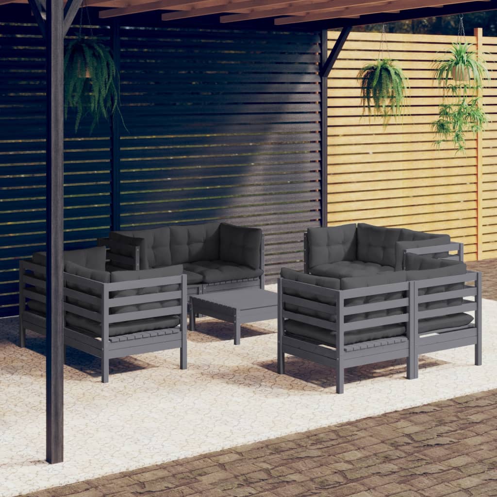 Loungegrupp Med Gräddvita Dynor 9 Delar Massiv Furu