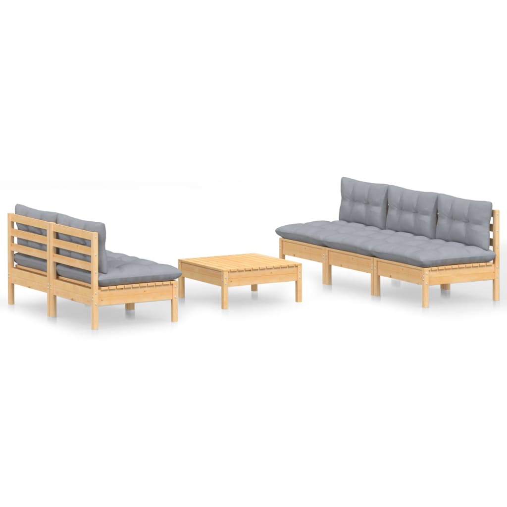 Loungegrupp Med Grå Dynor 6 Delar Massiv Furu