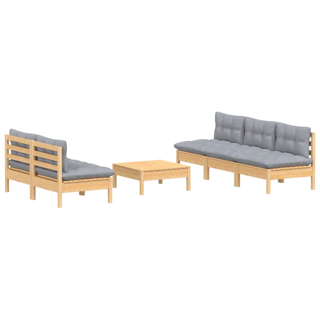 Loungegrupp Med Grå Dynor 6 Delar Massiv Furu