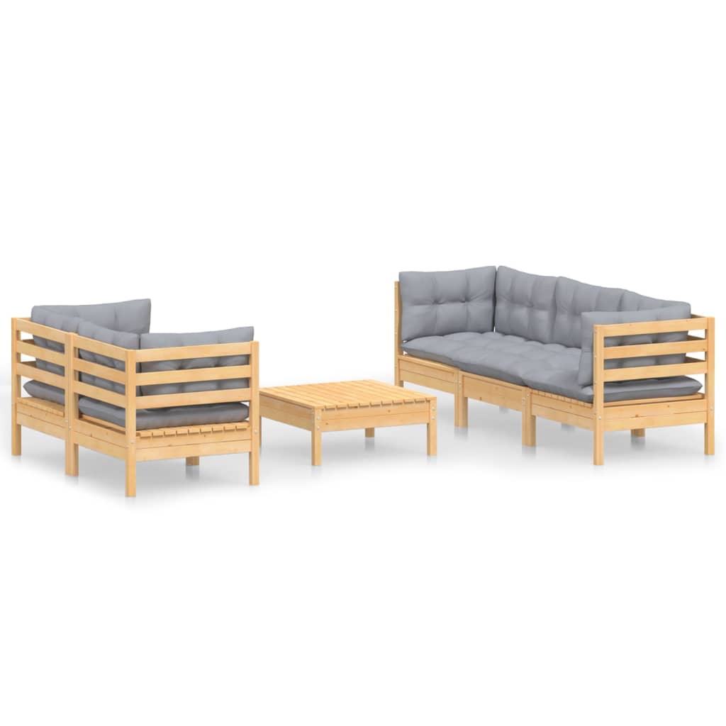 Loungegrupp Med Grå Dynor 6 Delar Massiv Furu