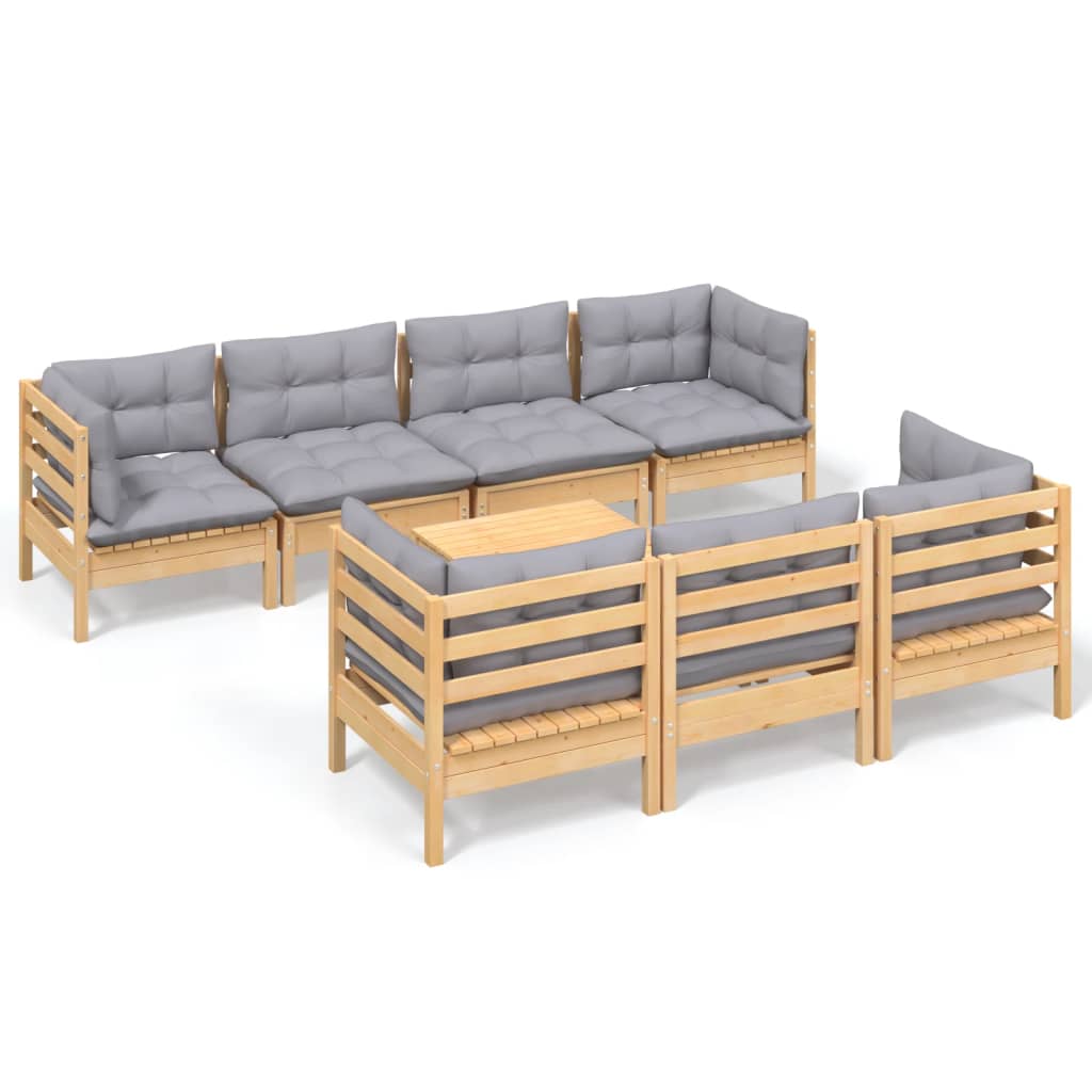 Loungegrupp Med Grå Dynor 8 Delar Massiv Furu