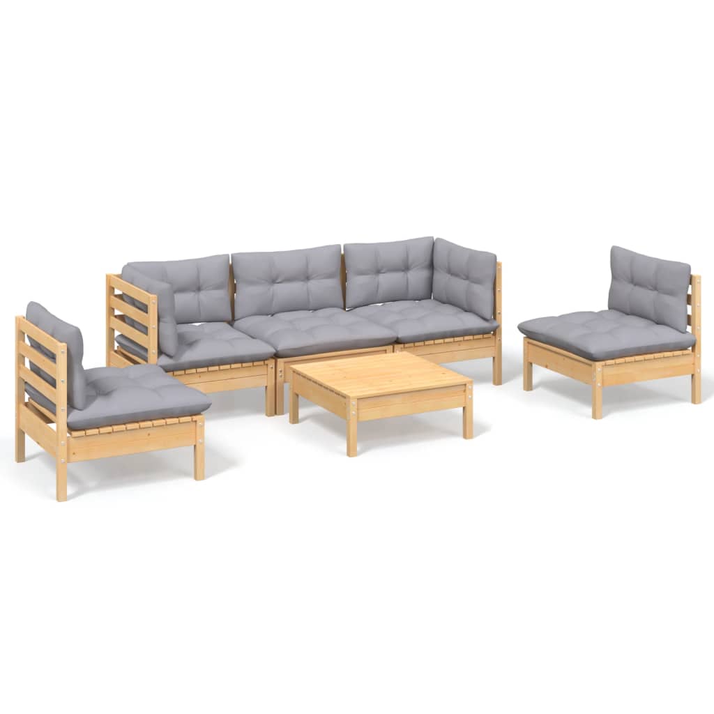 Loungegrupp Med Grå Dynor 6 Delar Massiv Furu