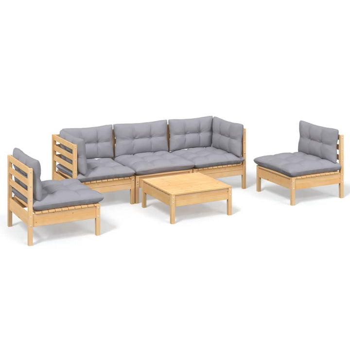 Loungegrupp Med Grå Dynor 6 Delar Massiv Furu