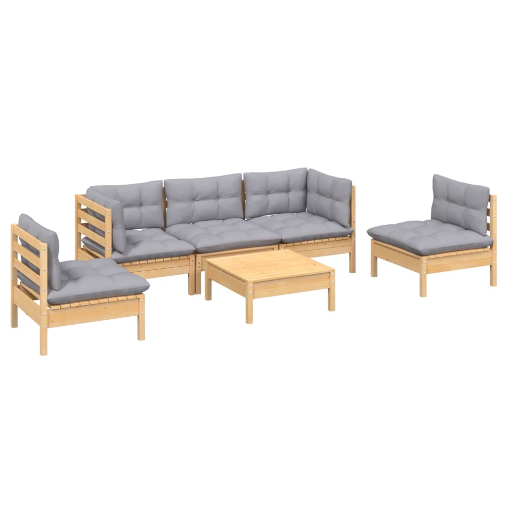 Loungegrupp Med Grå Dynor 6 Delar Massiv Furu
