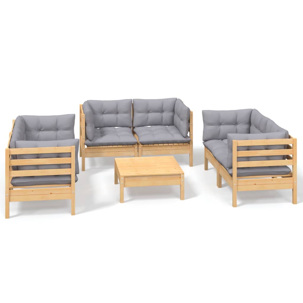 Loungegrupp Med Grå Dynor 7 Delar Massiv Furu