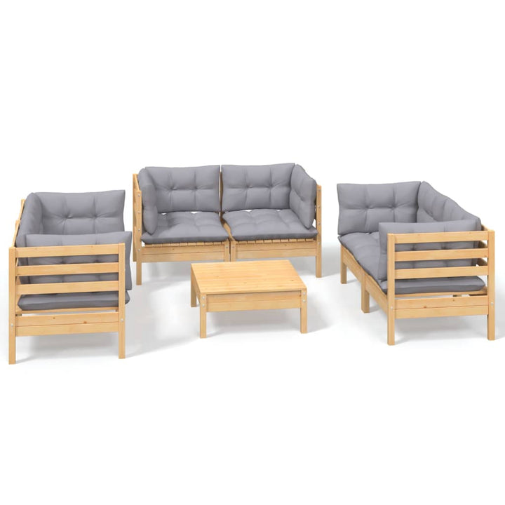 Loungegrupp Med Grå Dynor 7 Delar Massiv Furu