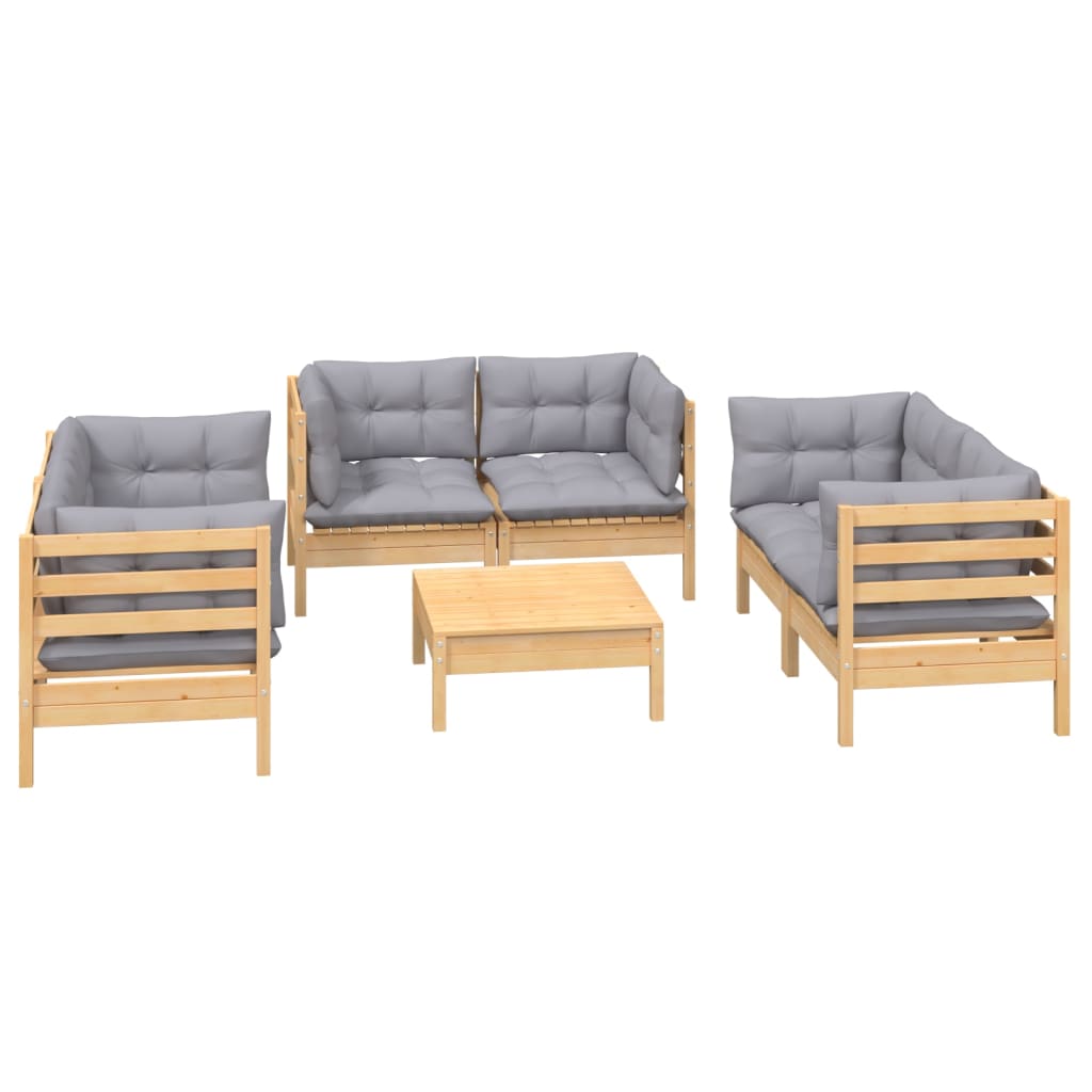 Loungegrupp Med Grå Dynor 7 Delar Massiv Furu