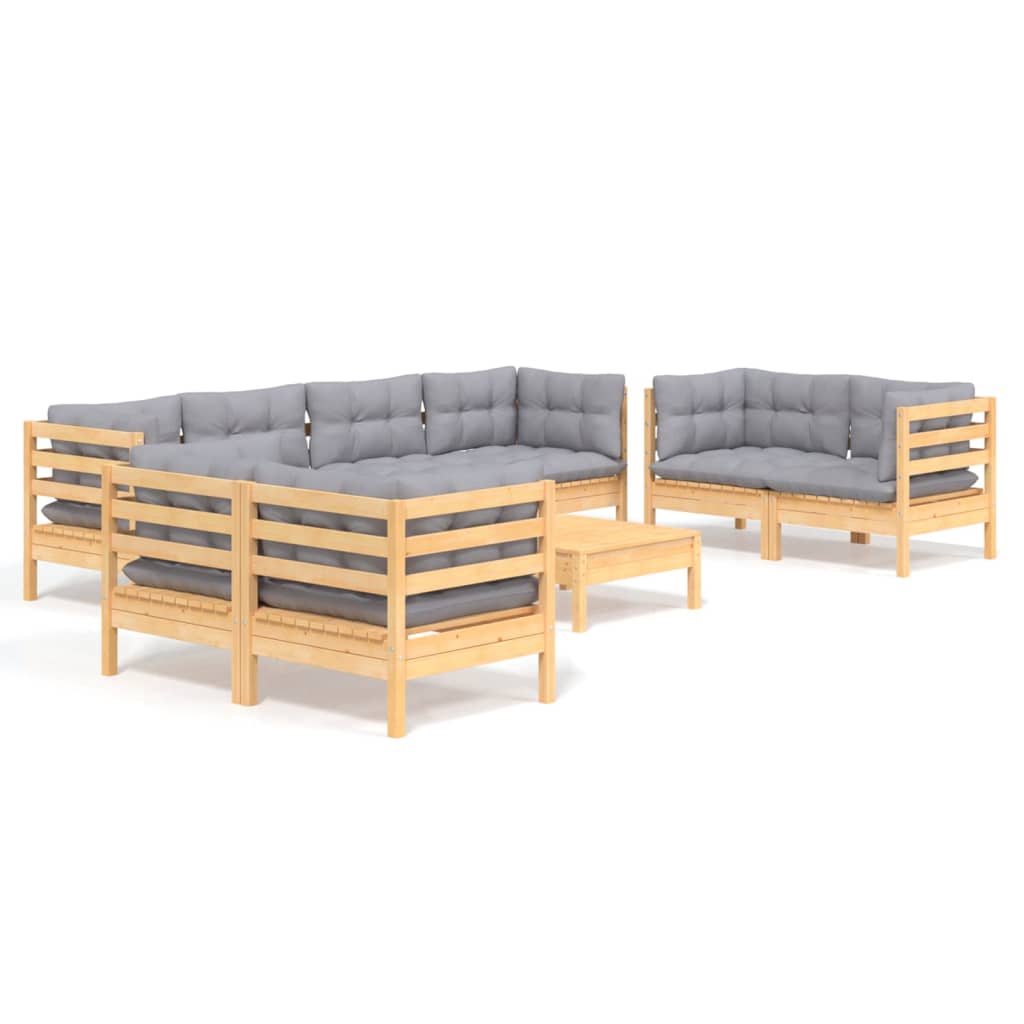Loungegrupp Med Grå Dynor 9 Delar Massiv Furu