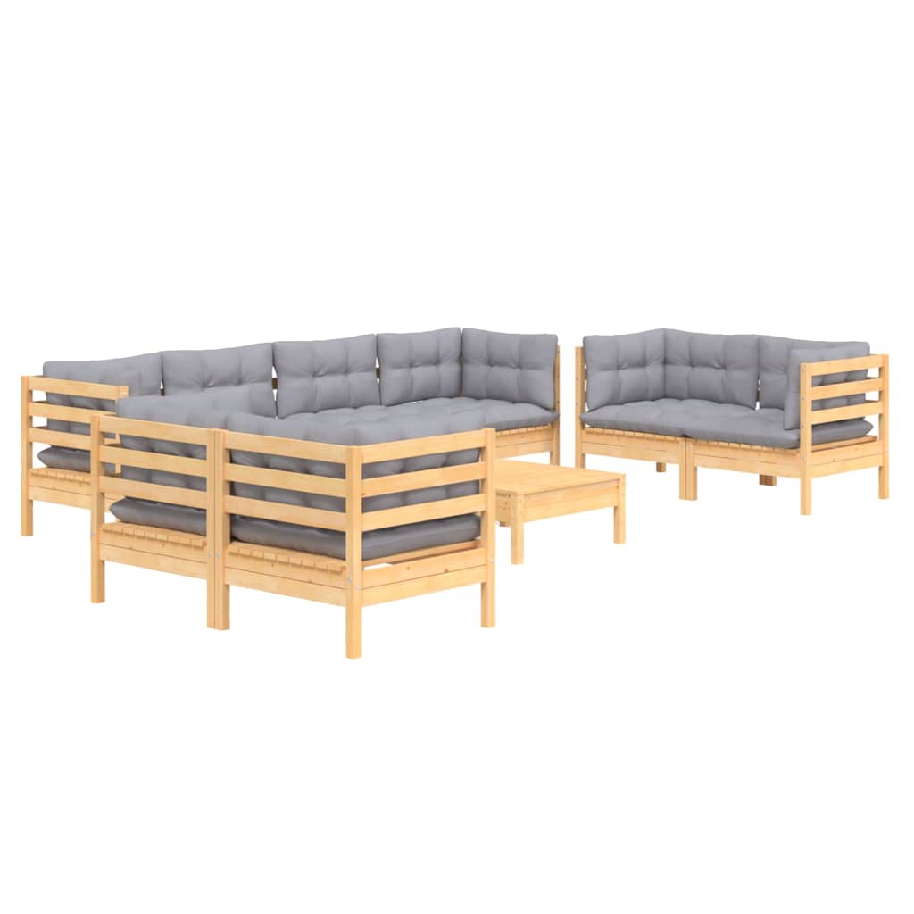 Loungegrupp Med Grå Dynor 9 Delar Massiv Furu