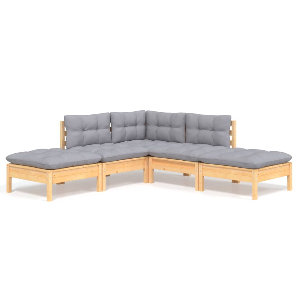 Loungegrupp Med Grå Dynor 5 Delar Massiv Furu